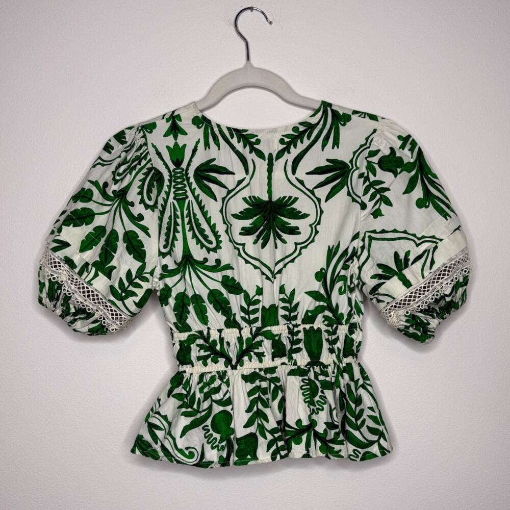 Green Botanical Blouse Euro Summer Peplum Puff Sleeve Cottagecore Top - Picture 3 of 8